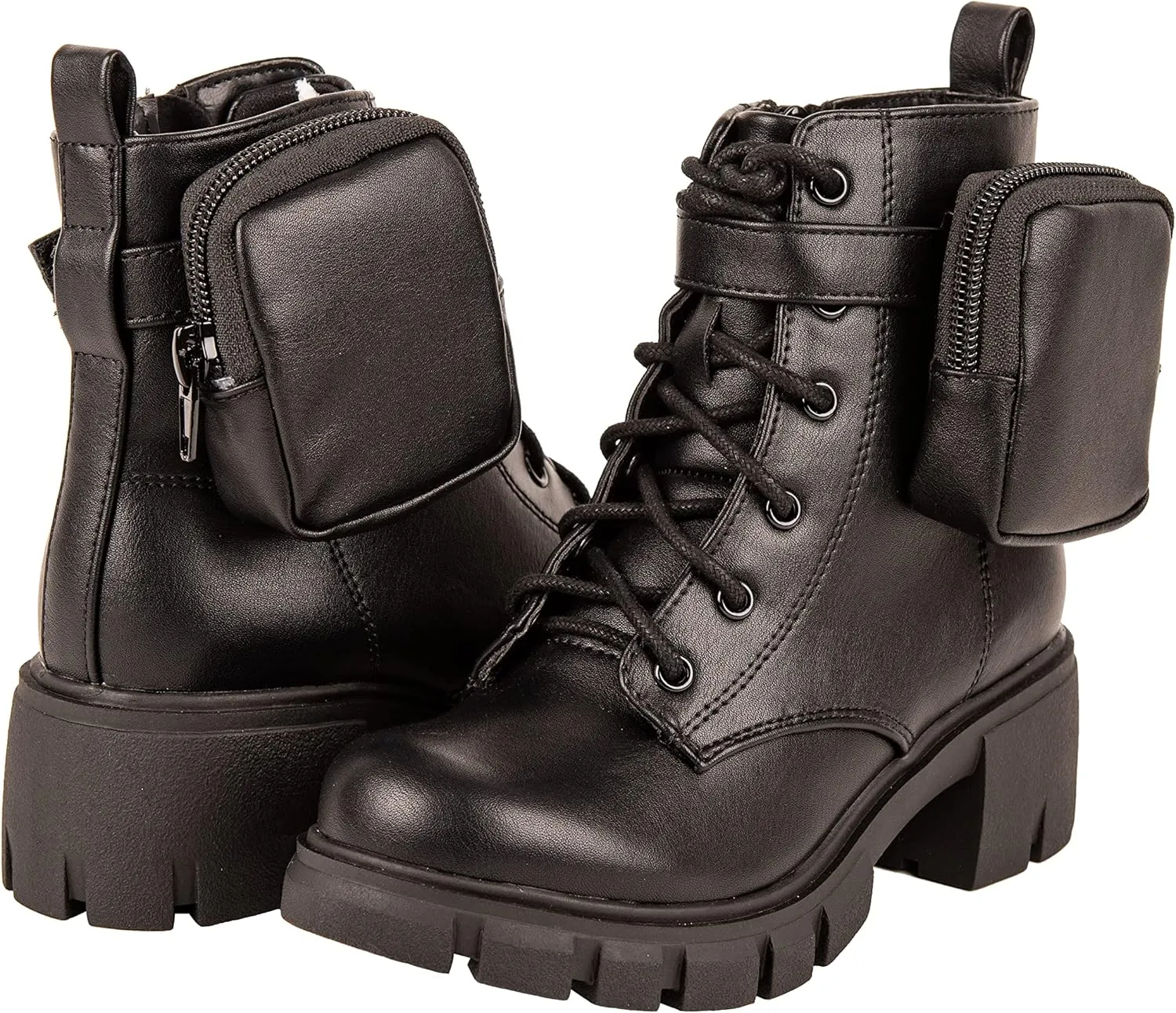 Girls Boots Lug Sole Chunky Heel Fashion Lace up Kids Combat Bootie Side Zipper & Pouch Pouch