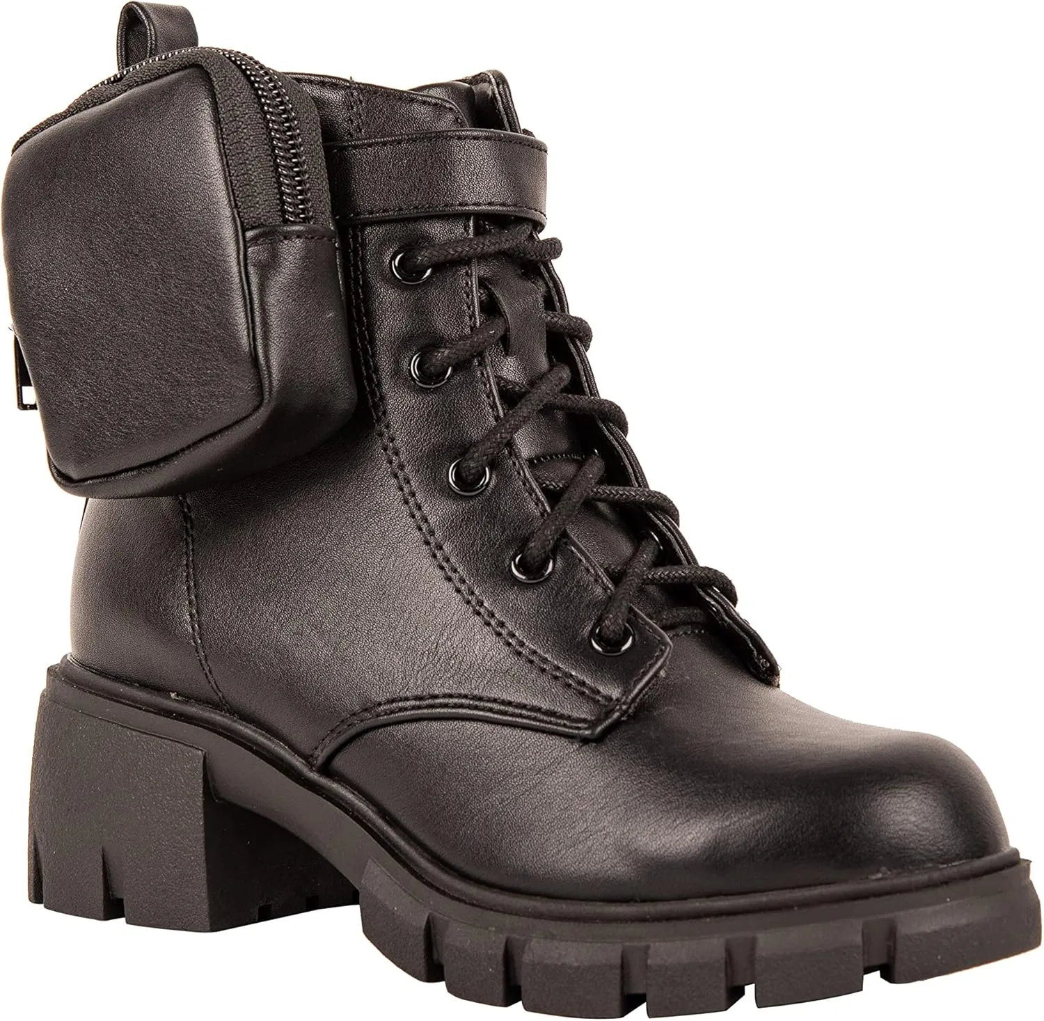 Girls Boots Lug Sole Chunky Heel Fashion Lace up Kids Combat Bootie Side Zipper & Pouch Pouch