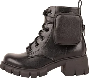 Girls Boots Lug Sole Chunky Heel Fashion Lace up Kids Combat Bootie Side Zipper & Pouch Pouch