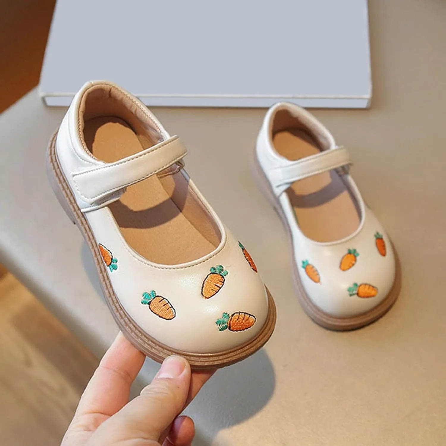 Girls Mary Jane Shoes Non Slip Wedding Party Dress Shoes Comfort Cute Carrot Pattern Low Heel Ballet Flats