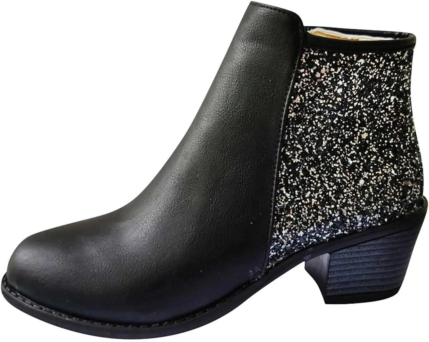 Glitter Leather Boots for Women Fashion Pointed Toe Side Zipper Square Heel Chunky Ankle Boots Winter Plus Size Casual High Heeled Thick Heel Shoes