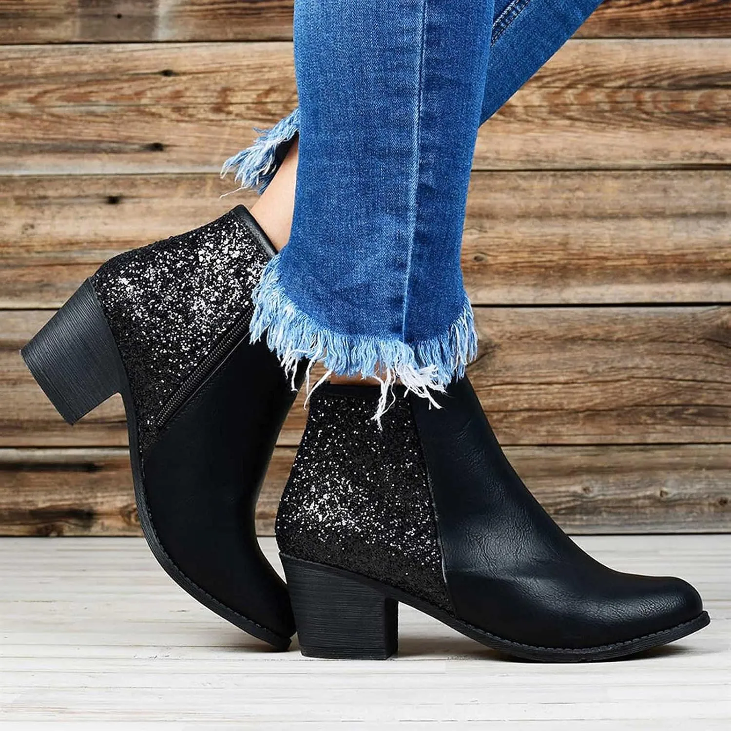 Glitter Leather Boots for Women Fashion Pointed Toe Side Zipper Square Heel Chunky Ankle Boots Winter Plus Size Casual High Heeled Thick Heel Shoes