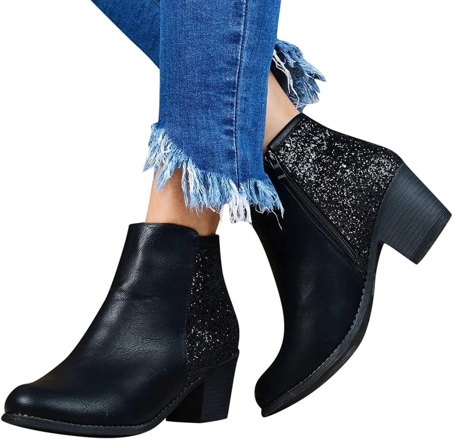 Glitter Leather Boots for Women Fashion Pointed Toe Side Zipper Square Heel Chunky Ankle Boots Winter Plus Size Casual High Heeled Thick Heel Shoes