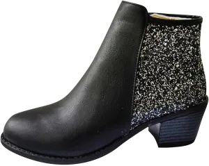 Glitter Leather Boots for Women Fashion Pointed Toe Side Zipper Square Heel Chunky Ankle Boots Winter Plus Size Casual High Heeled Thick Heel Shoes