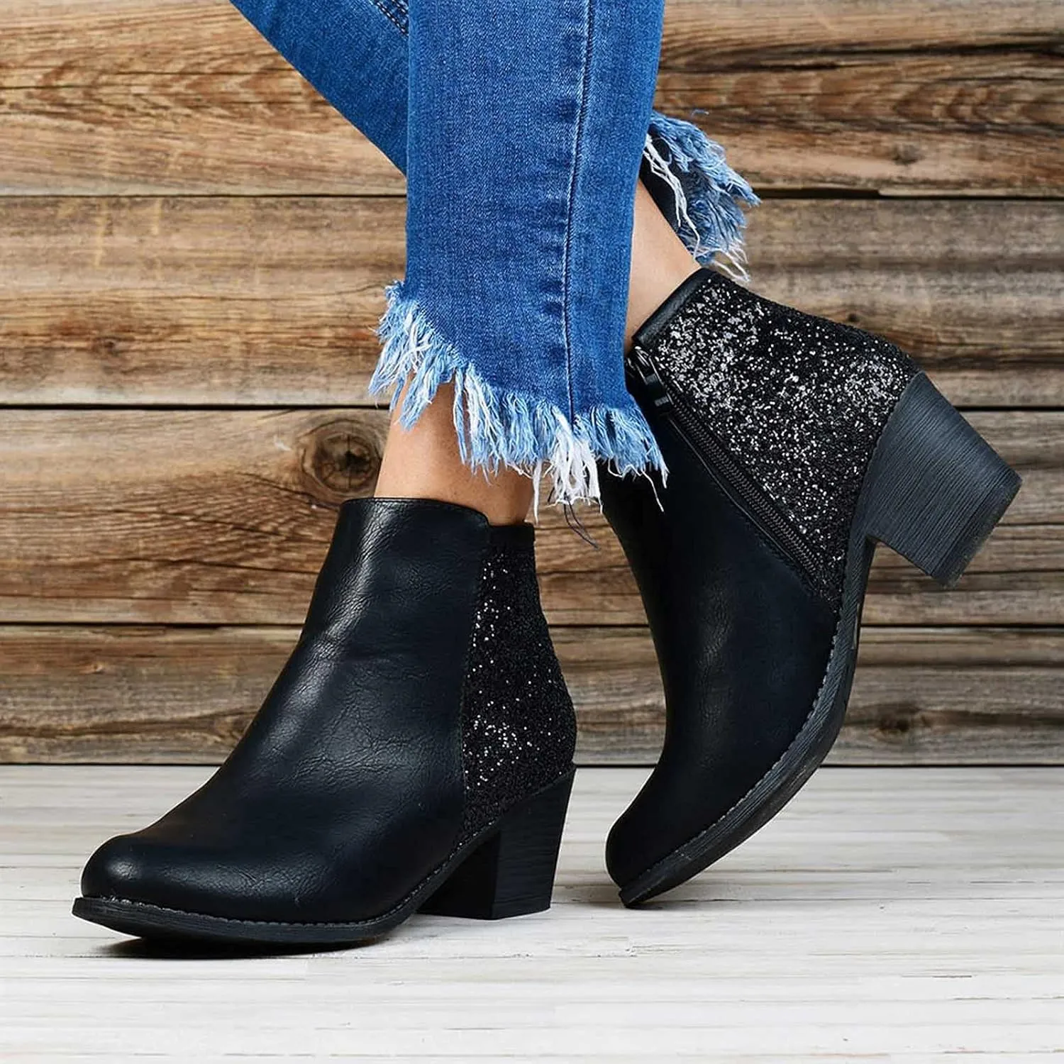 Glitter Leather Boots for Women Fashion Pointed Toe Side Zipper Square Heel Chunky Ankle Boots Winter Plus Size Casual High Heeled Thick Heel Shoes