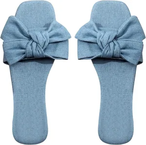 GORGLITTER Women's Bow Decor Single Band Denim Flat Sandals Square Open Toe Solid Slide Shoes