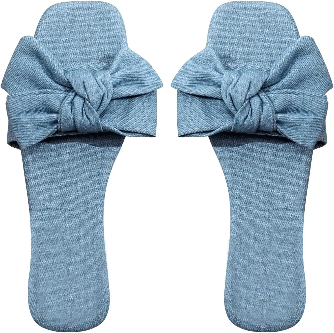 GORGLITTER Women's Bow Decor Single Band Denim Flat Sandals Square Open Toe Solid Slide Shoes