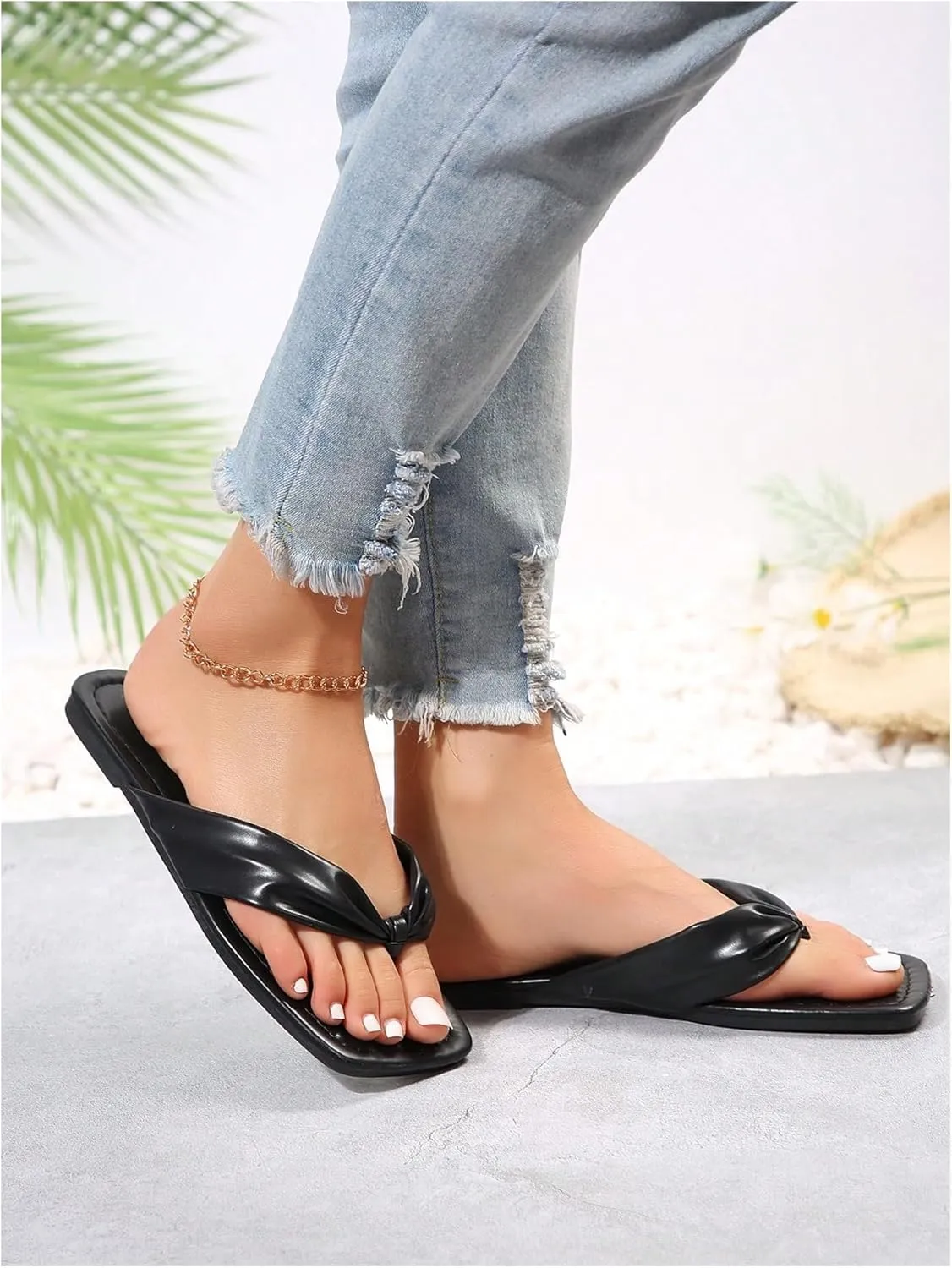 GORGLITTER Women's Flip Flops Flat Sandals Dressy Metallic Square Toe Thong Vacation Summer Weeding Slides Sandals