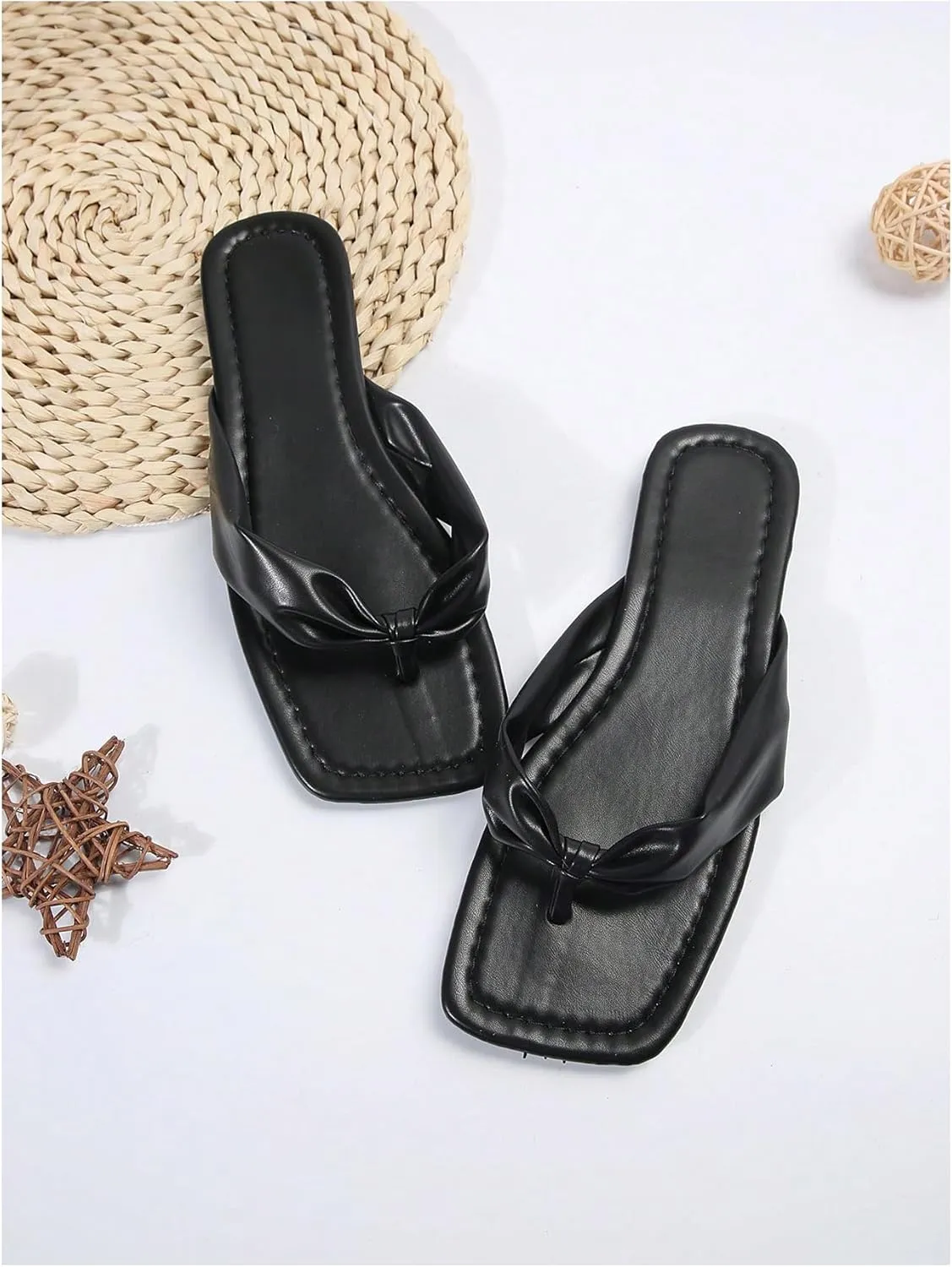 GORGLITTER Women's Flip Flops Flat Sandals Dressy Metallic Square Toe Thong Vacation Summer Weeding Slides Sandals