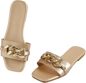 GORGLITTER Women's Metallic Flat Sandals Open Toe Single Band Slide Sandals