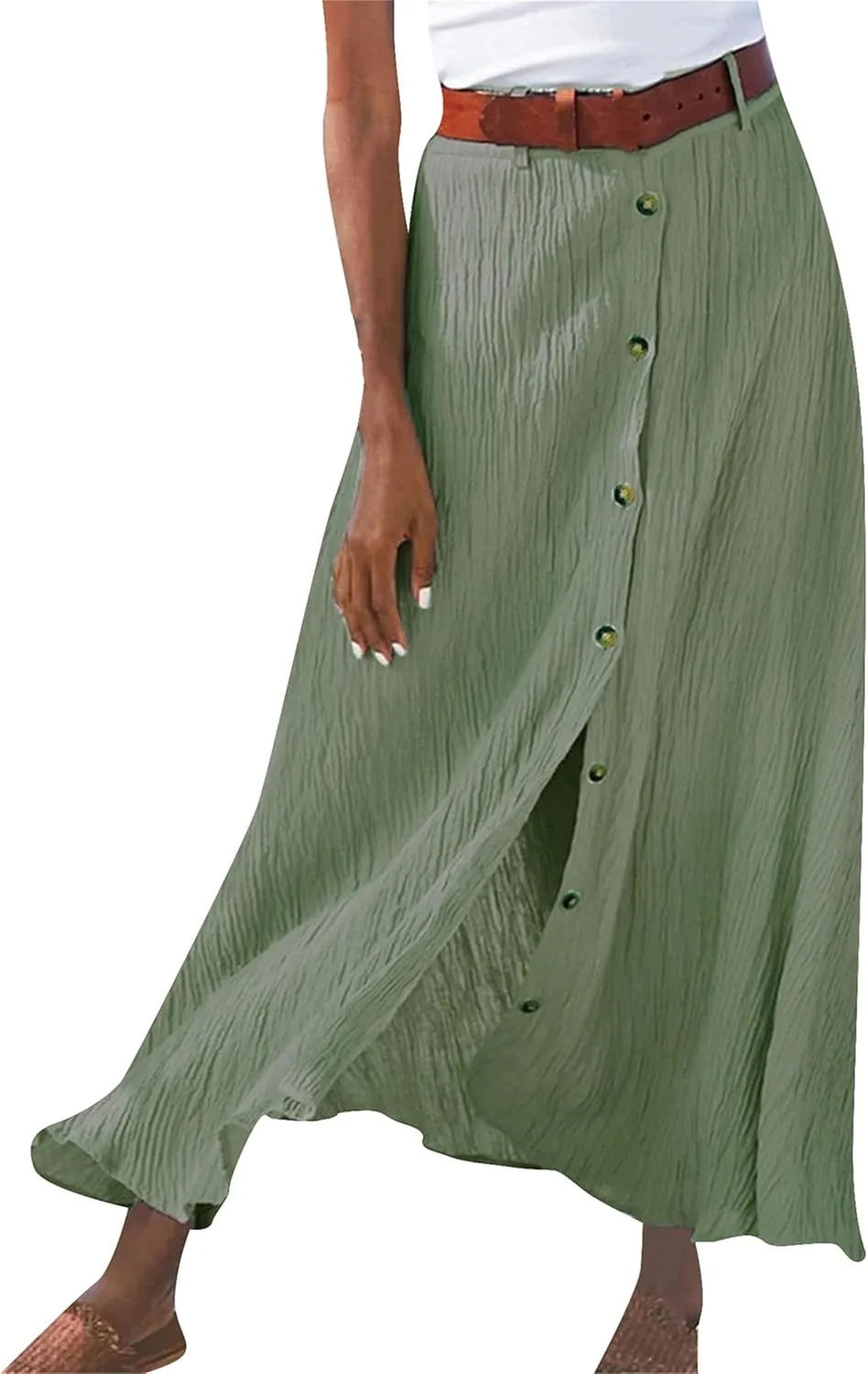 GORIFE Womens Soft Floor-Length Maxi Skirt Summer Solid Color Skirt Cotton Linen Button Front Maxi Skirt