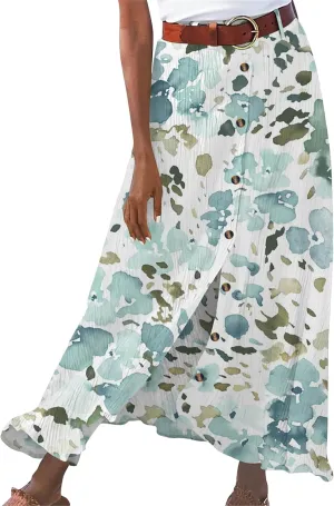 GORIFE Womens Soft Floor-Length Maxi Skirt Summer Solid Color Skirt Cotton Linen Button Front Maxi Skirt