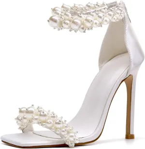 GOSERCE Women's Pearl Stiletto Heels Sandals Open Square Toe Pumps High Heels Ankle Back Zipper Satin Prom Wedding Party Dress for Women Heeled White