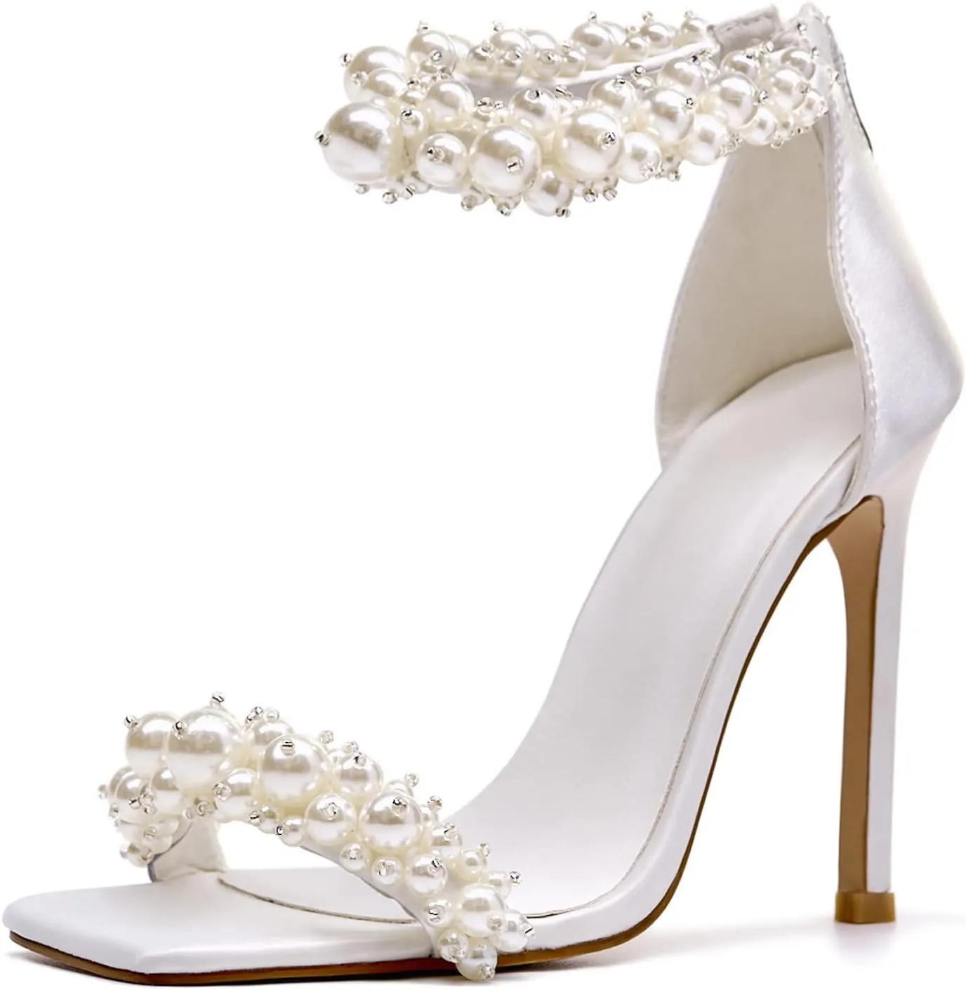 GOSERCE Women's Pearl Stiletto Heels Sandals Open Square Toe Pumps High Heels Ankle Back Zipper Satin Prom Wedding Party Dress for Women Heeled White