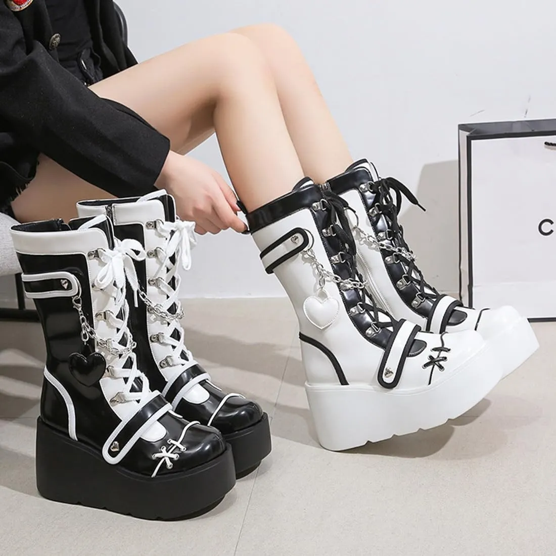 Goth Platform Buckle Boots for Women's Chunky High Heel Lace Up Punk Motorcycle Combat Boots with Chain