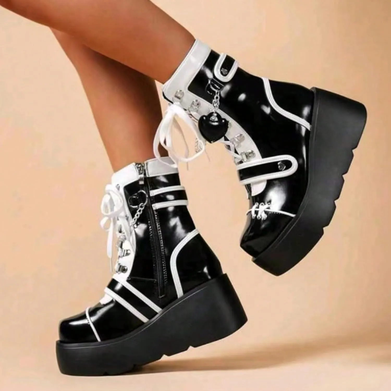 Goth Platform Buckle Boots for Women's Chunky High Heel Lace Up Punk Motorcycle Combat Boots with Chain