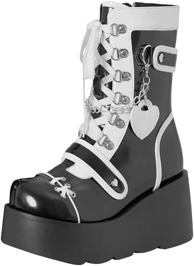 Goth Platform Buckle Boots for Women's Chunky High Heel Lace Up Punk Motorcycle Combat Boots with Chain