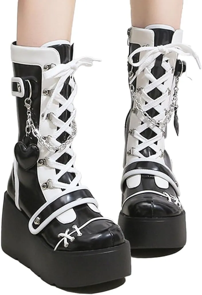 Goth Platform Buckle Boots for Women's Chunky High Heel Lace Up Punk Motorcycle Combat Boots with Chain