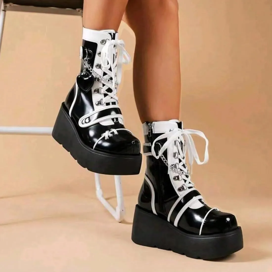 Goth Platform Buckle Boots for Women's Chunky High Heel Lace Up Punk Motorcycle Combat Boots with Chain