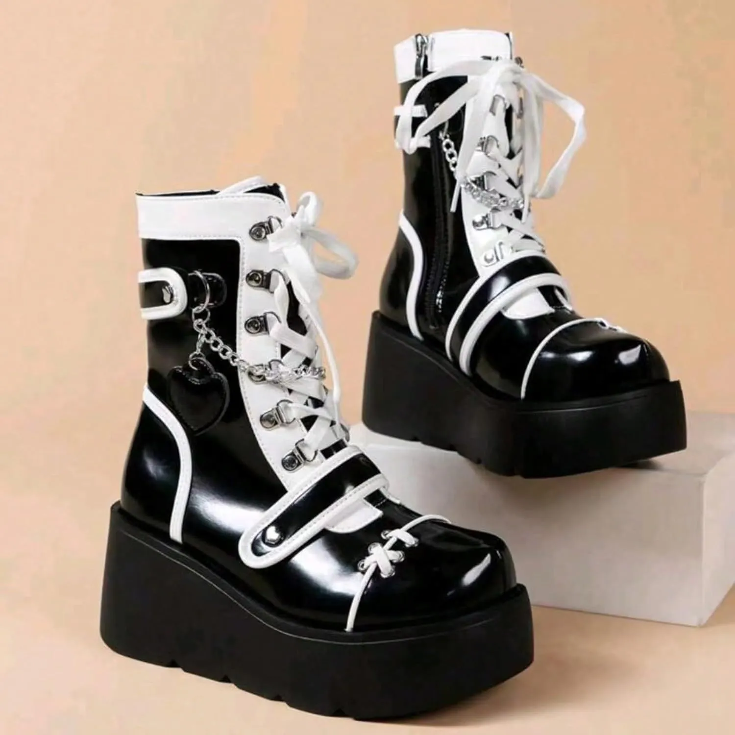 Goth Platform Buckle Boots for Women's Chunky High Heel Lace Up Punk Motorcycle Combat Boots with Chain