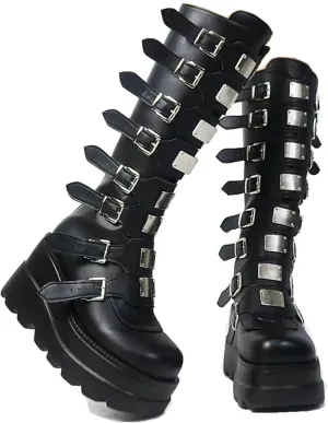 Gothniero High Platform Knee Boots Chunky Heel Wedge Black Boots For Women Combat Goth Punk Motorcycle Booties Zip up With Metal Buckles Size5-11