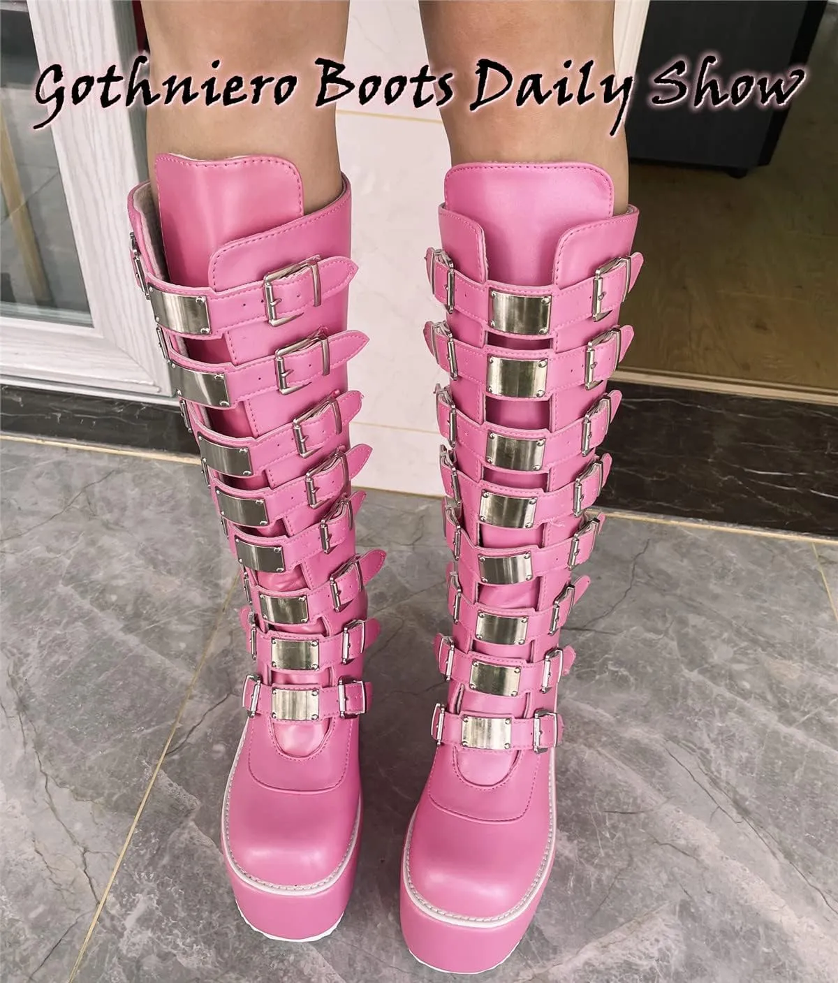 Gothniero Women Black Platform Goth Boots Mid Calf with Heel Knee High Boots Winter Chunky Heel Punk Rave Boots Girls Lace Up Combat Booties Size 5.5-11
