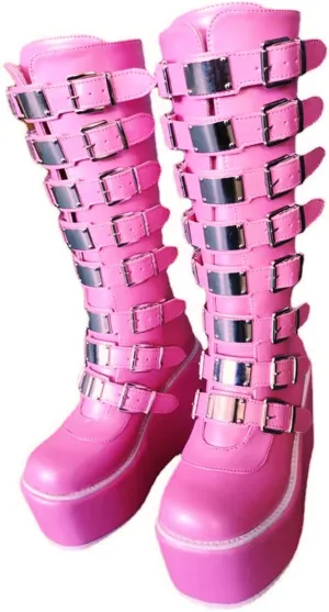 Gothniero Women Black Platform Goth Boots Mid Calf with Heel Knee High Boots Winter Chunky Heel Punk Rave Boots Girls Lace Up Combat Booties Size 5.5-11