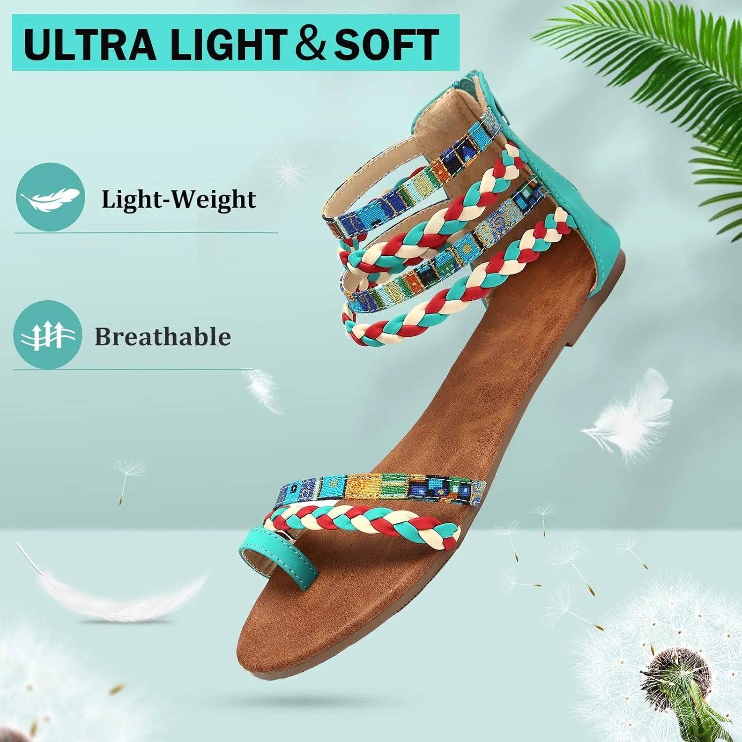 gracosy Summer Sandals for Women Flat Sandals Woven Straps Fashion Bohemia Beach Shoes Ankle Strap Sandals with Zipper Gladiator Dress Sandals Ankle Slippers