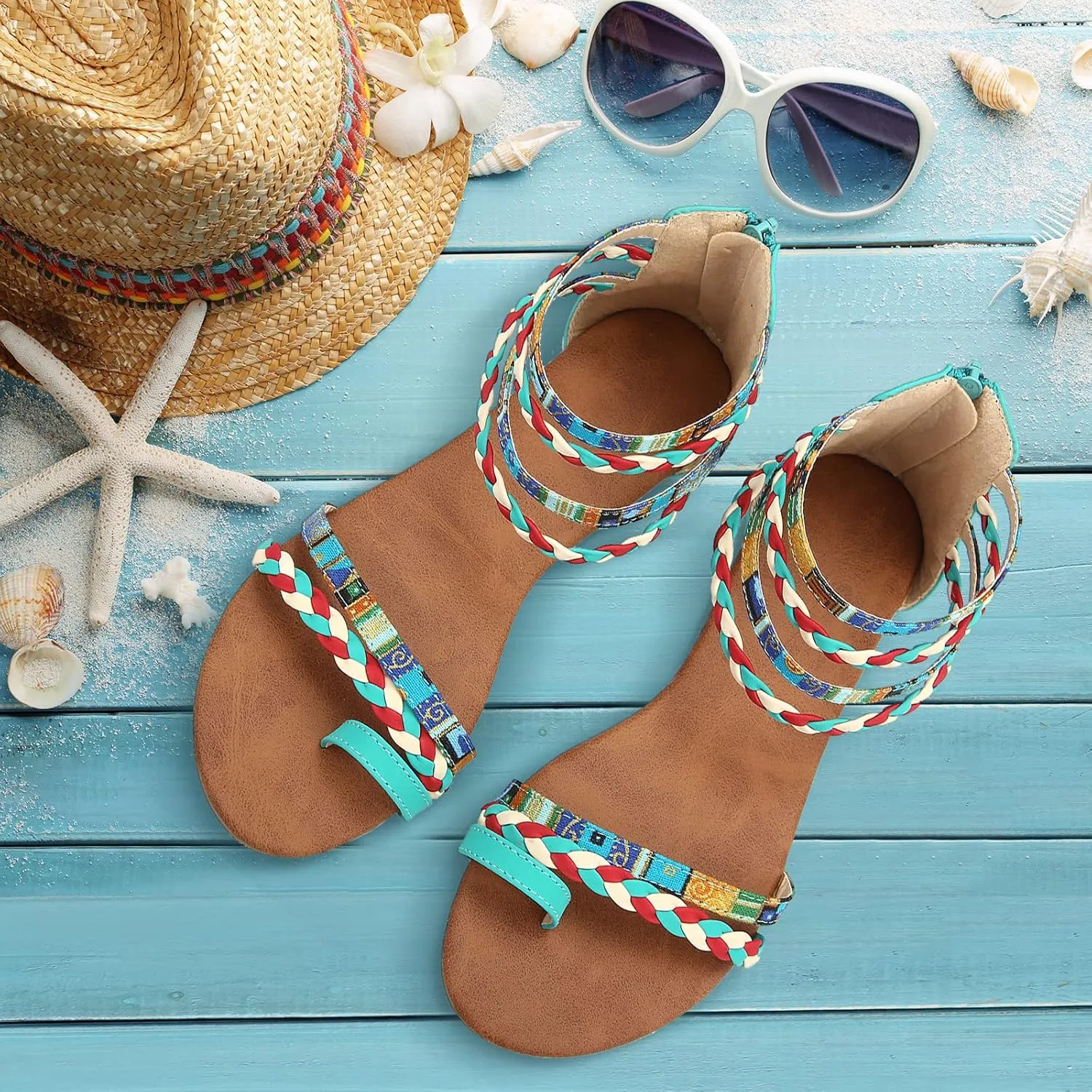 gracosy Summer Sandals for Women Flat Sandals Woven Straps Fashion Bohemia Beach Shoes Ankle Strap Sandals with Zipper Gladiator Dress Sandals Ankle Slippers