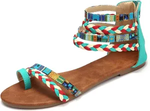 gracosy Summer Sandals for Women Flat Sandals Woven Straps Fashion Bohemia Beach Shoes Ankle Strap Sandals with Zipper Gladiator Dress Sandals Ankle Slippers