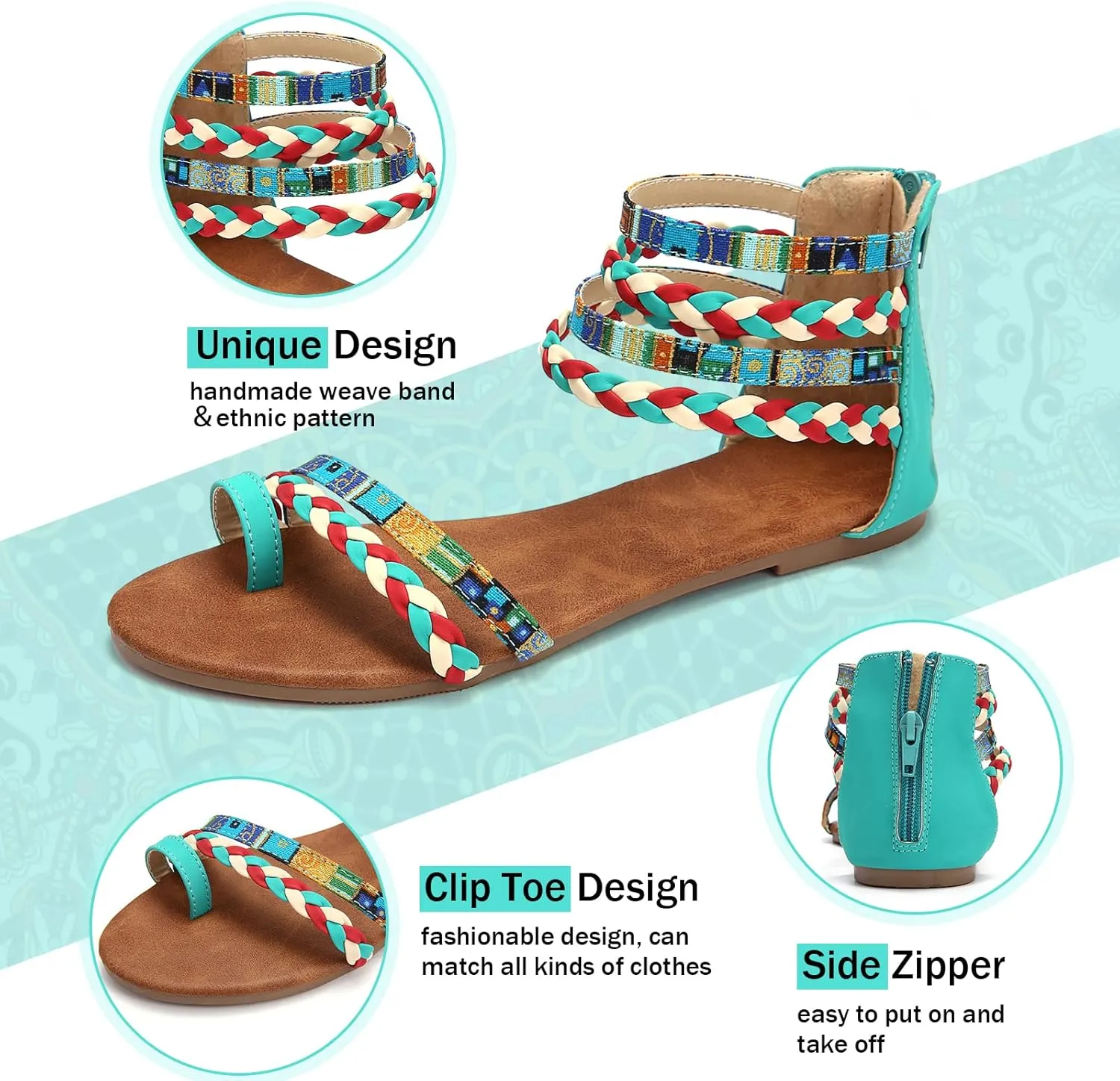 gracosy Summer Sandals for Women Flat Sandals Woven Straps Fashion Bohemia Beach Shoes Ankle Strap Sandals with Zipper Gladiator Dress Sandals Ankle Slippers