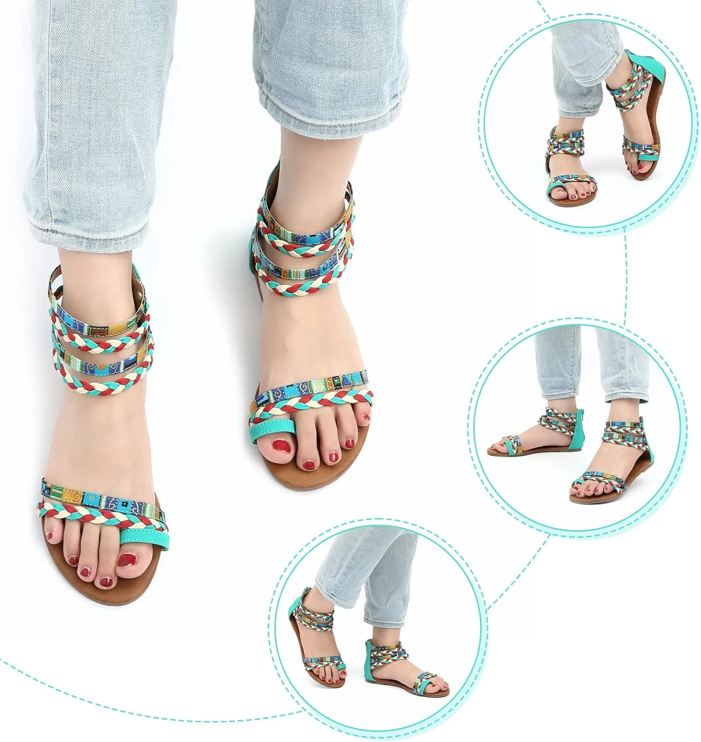 gracosy Summer Sandals for Women Flat Sandals Woven Straps Fashion Bohemia Beach Shoes Ankle Strap Sandals with Zipper Gladiator Dress Sandals Ankle Slippers
