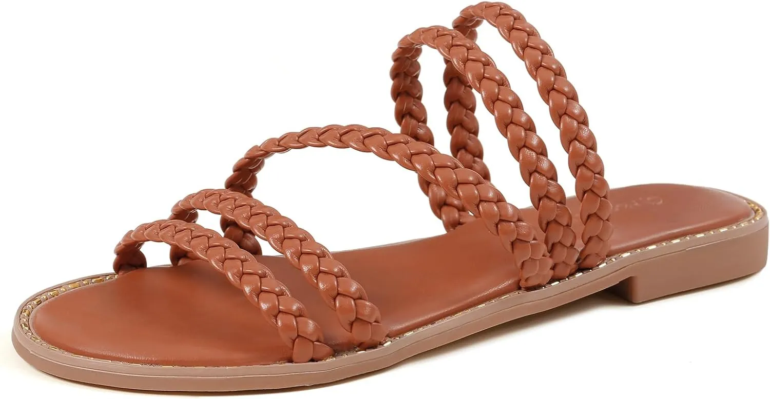 Greatonu Braided Sandals For Women 2025 Open Toe Fashion Slide Sandals Women Dressy Summer Flat US Size 6-11