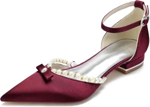 Hanfike Wedding Dress Flats for Women Ankle Strap Pointed Toe Evening Pumps with Beads JY199