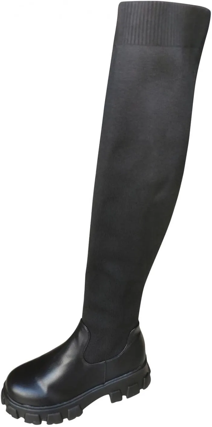 Hbeylia Platform Tight High Boots for Women Ladies Fashion Stretch Knitted Leather Round Toe Chunky Bottom Slip On Flats Over The Knee Boots Casual Non Slip Winter Fall Long Tall Boots for Wedding