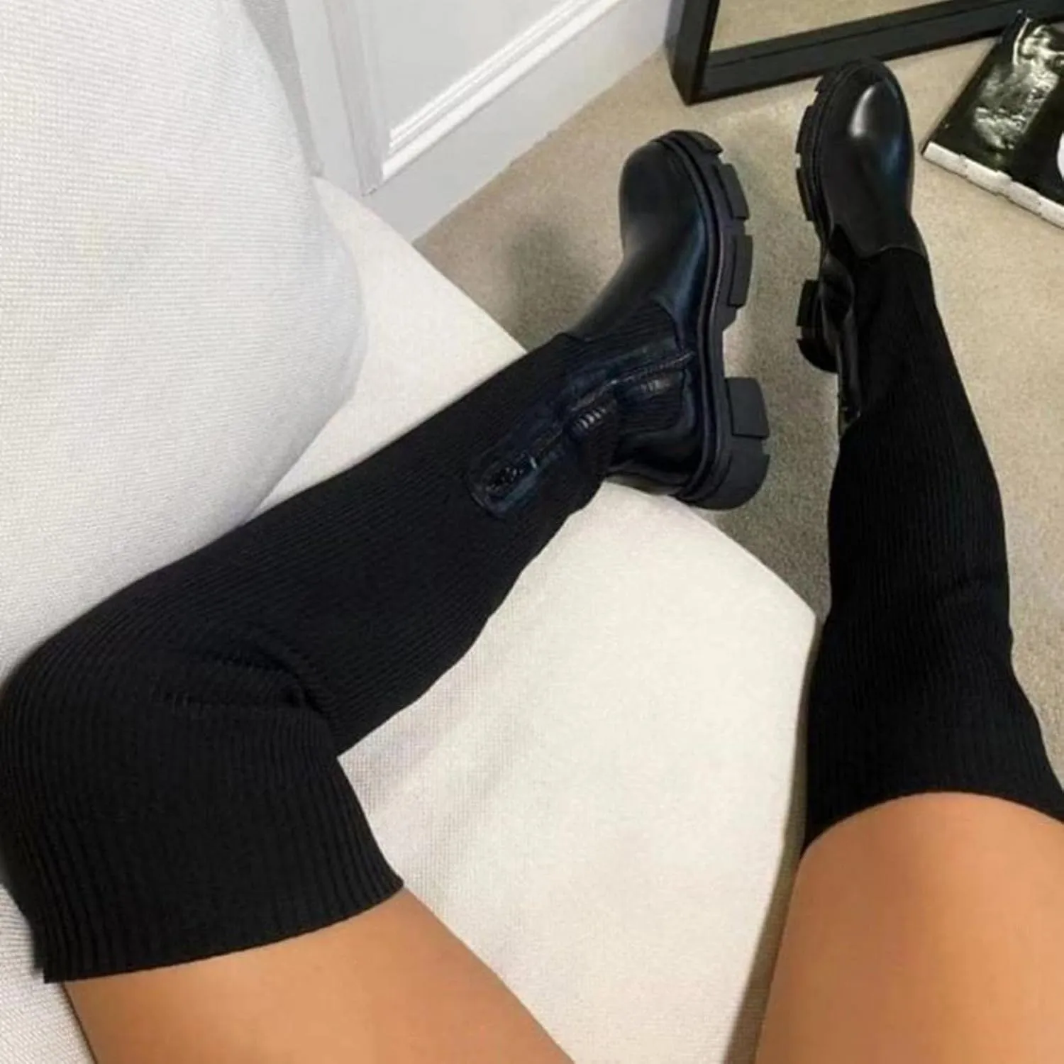 Hbeylia Platform Tight High Boots for Women Ladies Fashion Stretch Knitted Leather Round Toe Chunky Bottom Slip On Flats Over The Knee Boots Casual Non Slip Winter Fall Long Tall Boots for Wedding
