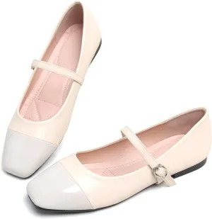 Hee grand Leather Mary Jane Shoes for Women Dressy Square Toe Ballet Flats with Strap Comfortable Walking Shoes Soft Leather Dress Shoes