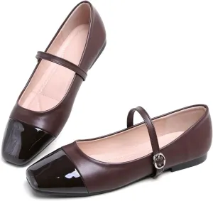 Hee grand Leather Mary Jane Shoes for Women Dressy Square Toe Ballet Flats with Strap Comfortable Walking Shoes Soft Leather Dress Shoes