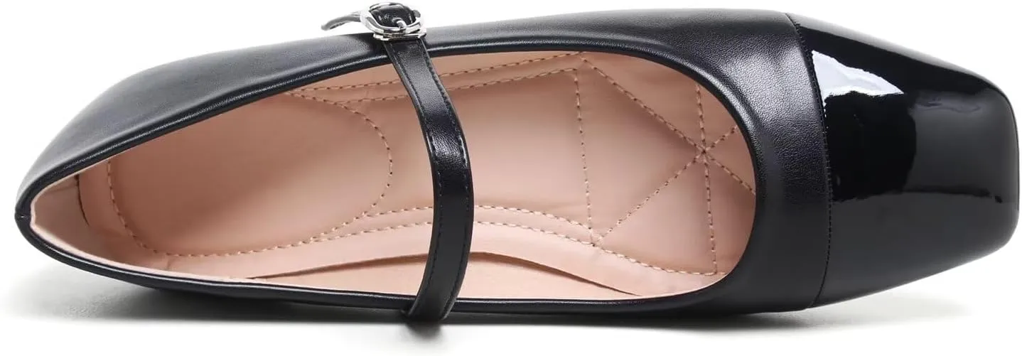 Hee grand Leather Mary Jane Shoes for Women Dressy Square Toe Ballet Flats with Strap Comfortable Walking Shoes Soft Leather Dress Shoes
