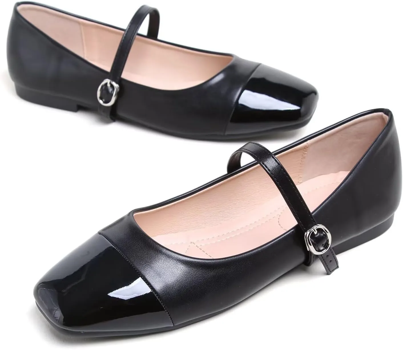 Hee grand Leather Mary Jane Shoes for Women Dressy Square Toe Ballet Flats with Strap Comfortable Walking Shoes Soft Leather Dress Shoes