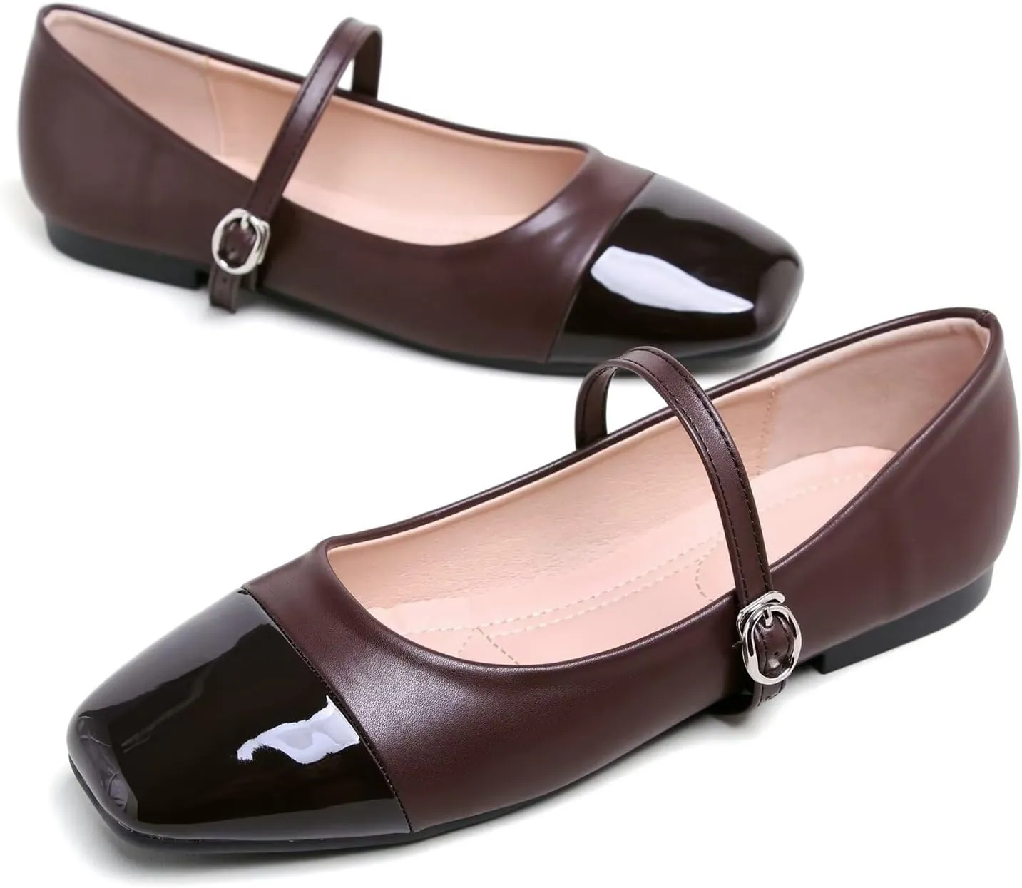 Hee grand Leather Mary Jane Shoes for Women Dressy Square Toe Ballet Flats with Strap Comfortable Walking Shoes Soft Leather Dress Shoes