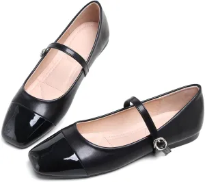 Hee grand Leather Mary Jane Shoes for Women Dressy Square Toe Ballet Flats with Strap Comfortable Walking Shoes Soft Leather Dress Shoes