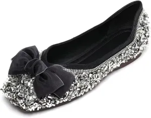 Hee grand Women's Rhinestone Flats Bowknot Square Toe Low Heel Wedding Flats Comfortable Women Crystals Dress Flats Shoes