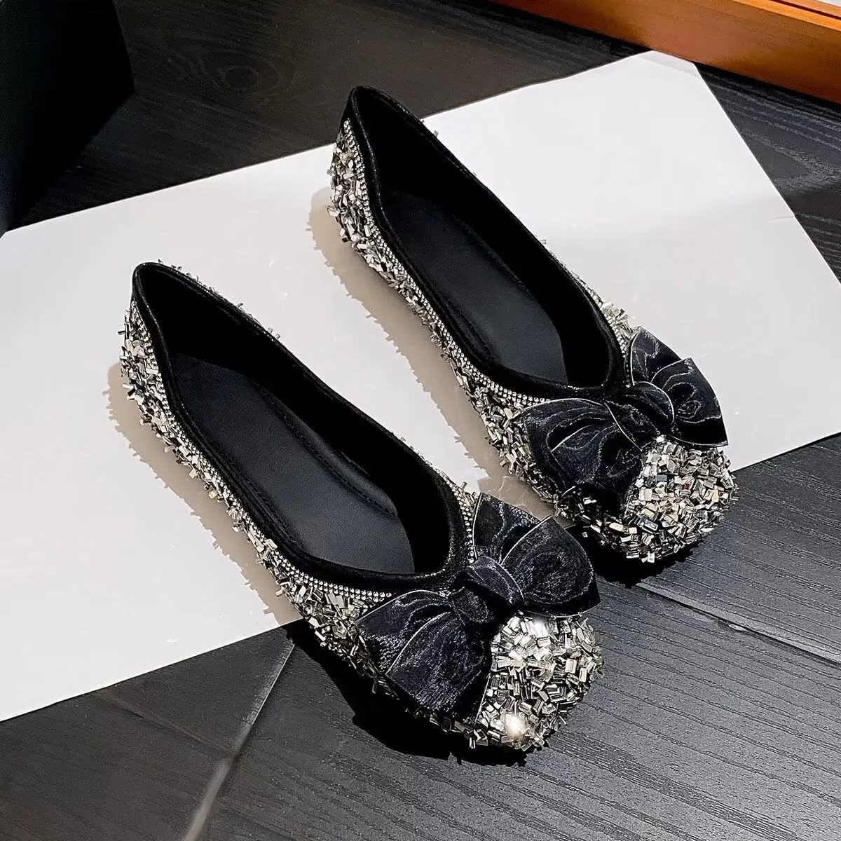 Hee grand Women's Rhinestone Flats Bowknot Square Toe Low Heel Wedding Flats Comfortable Women Crystals Dress Flats Shoes