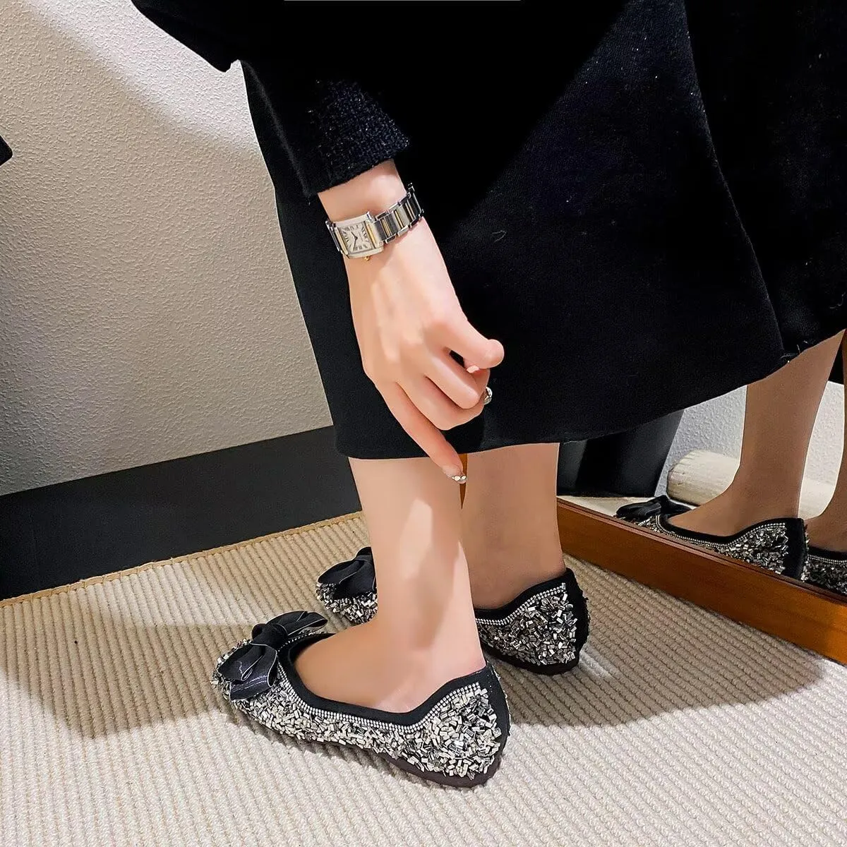 Hee grand Women's Rhinestone Flats Bowknot Square Toe Low Heel Wedding Flats Comfortable Women Crystals Dress Flats Shoes