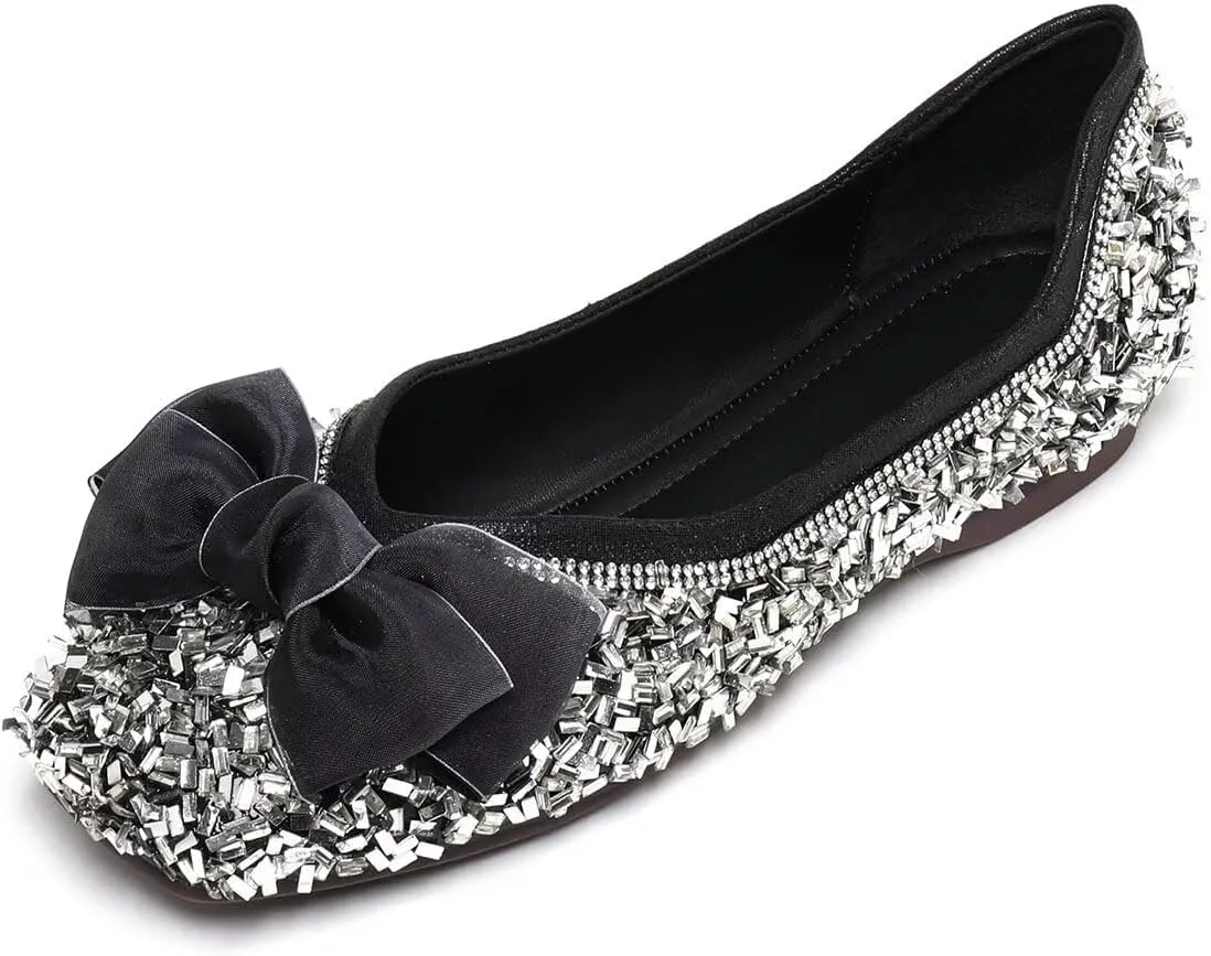 Hee grand Women's Rhinestone Flats Bowknot Square Toe Low Heel Wedding Flats Comfortable Women Crystals Dress Flats Shoes