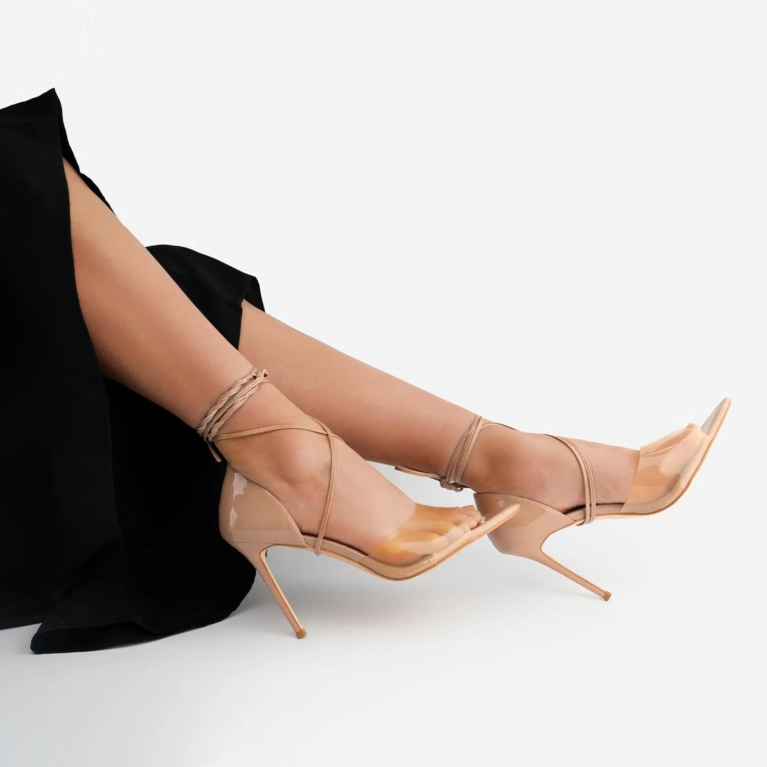 heelchic Clear Strap Heels for Women, Women Nude Pumps, Strappy Transparent Heeled Sandals Open Toe Slip On Shoes