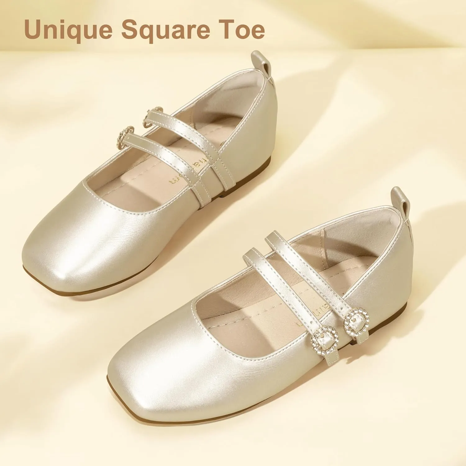 Hehainom Girls Dress Shoes Rhinestone Square Toe Toddler Flower Girl Ballet Flats Little Big Kids Mary Jane School Party Wedding Shoes