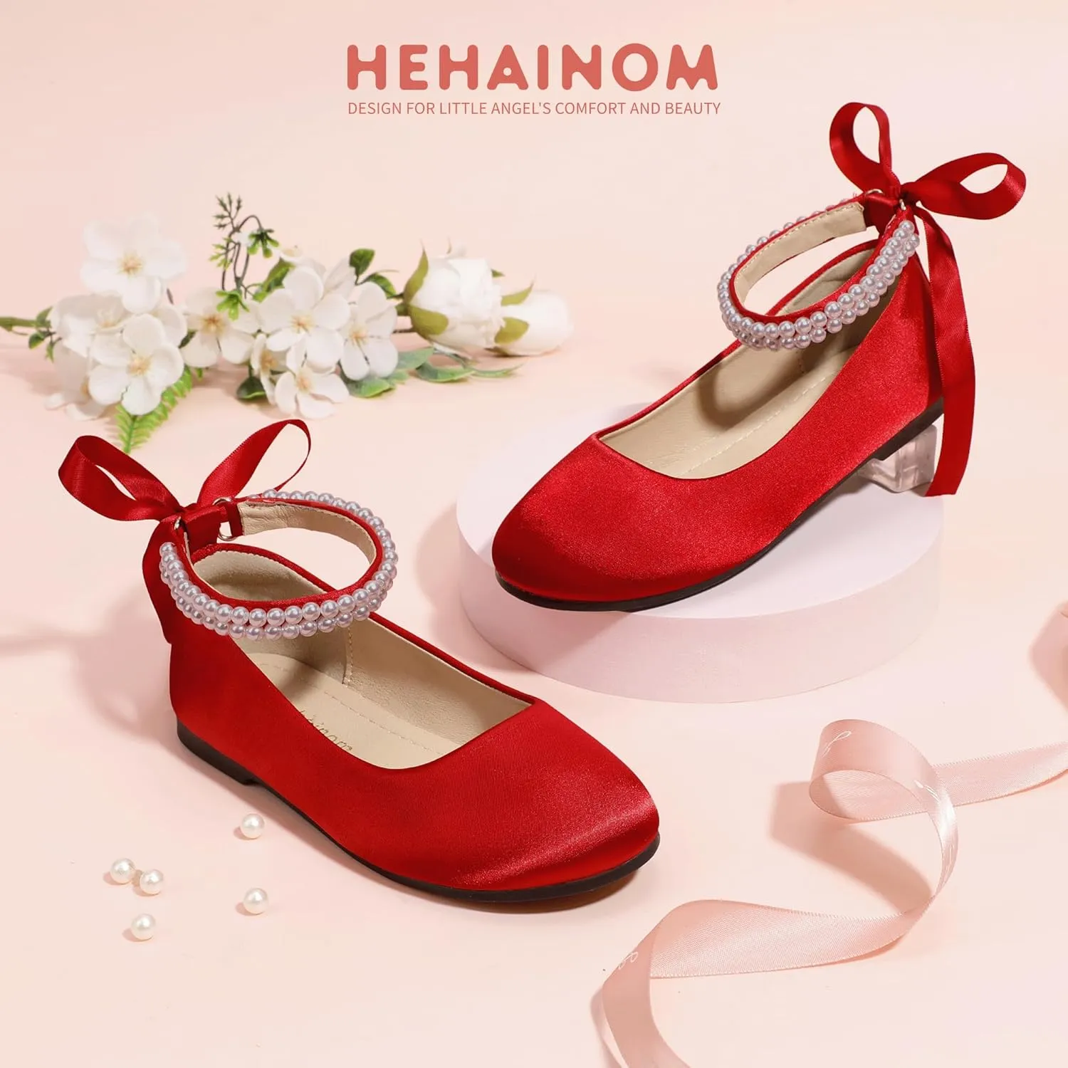 Hehainom Toddler Girls Dress Shoes Flower Girl Little Kids Mary Jane Ballet Flats Pearls Bow Wedding Party Communion Shoes