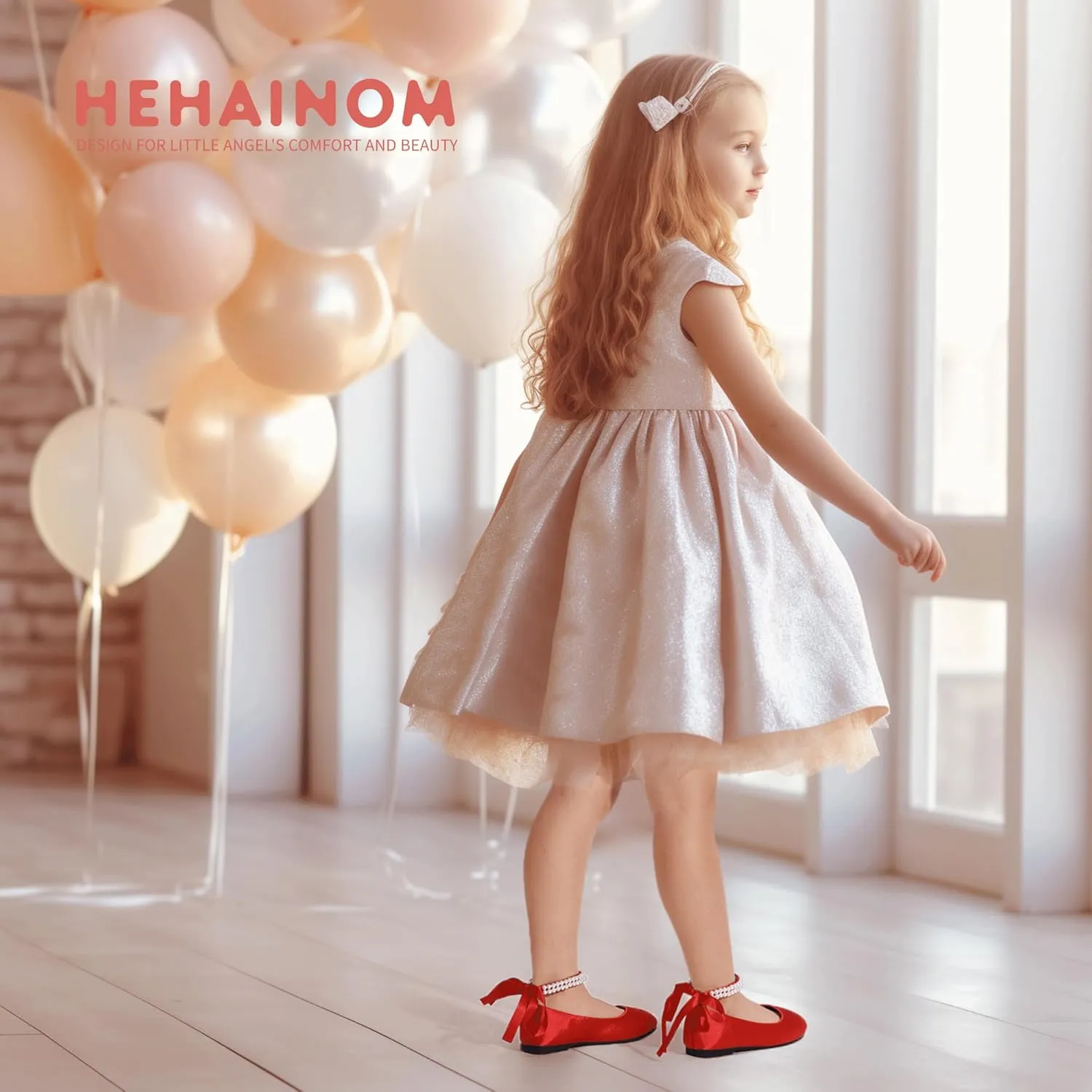 Hehainom Toddler Girls Dress Shoes Flower Girl Little Kids Mary Jane Ballet Flats Pearls Bow Wedding Party Communion Shoes